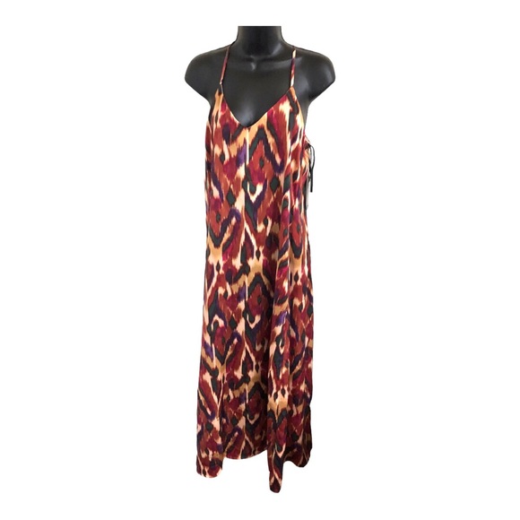 Nicole Miller brown gold ikat style v-neck satin effect maxi dress size small - Picture 6 of 13